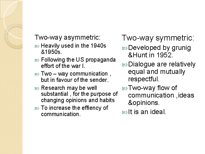 Two-way asymmetric: Two-way symmetric: Heavily used in the 1940 s &1950 s. Following the