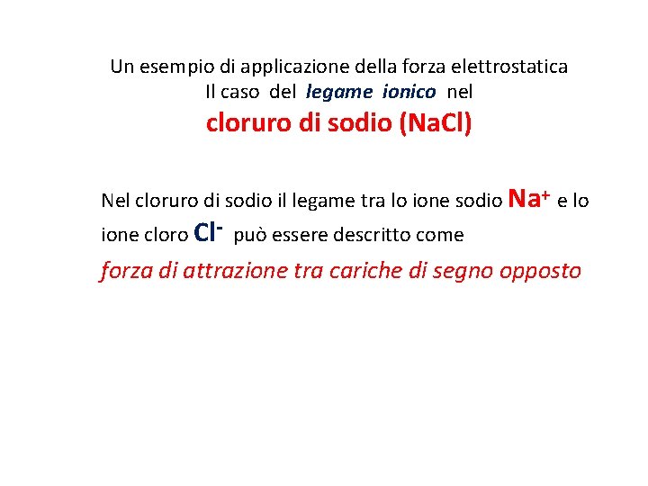 Un esempio di applicazione della forza elettrostatica Il caso del legame ionico nel cloruro Un esempio di applicazione della forza elettrostatica Il caso del legame ionico nel cloruro