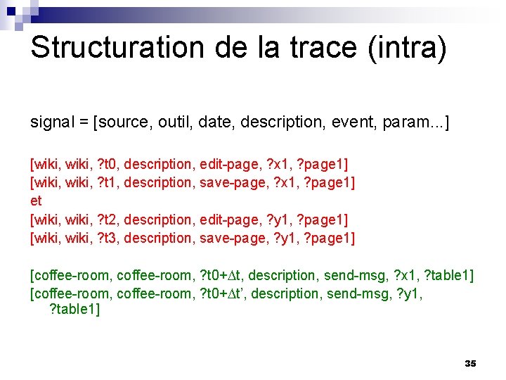 Structuration de la trace (intra) signal = [source, outil, date, description, event, param. .