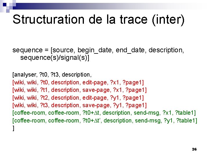 Structuration de la trace (inter) sequence = [source, begin_date, end_date, description, sequence(s)/signal(s)] [analyser, ?