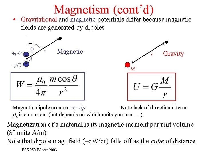 Magnetism (cont’d) • Gravitational and magnetic potentials differ because magnetic fields are generated by