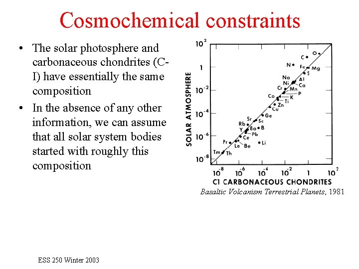 Cosmochemical constraints • The solar photosphere and carbonaceous chondrites (CI) have essentially the same