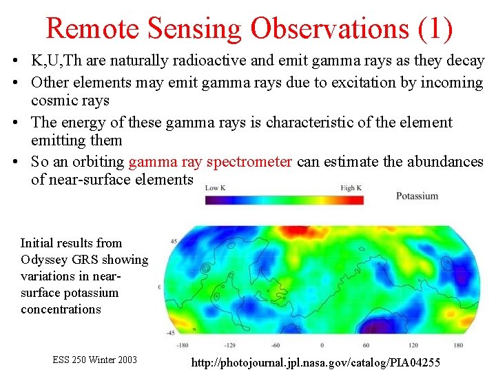 Remote Sensing Observations (1) • K, U, Th are naturally radioactive and emit gamma