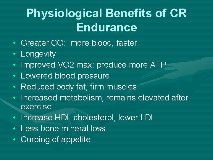 Physiological Benefits of CR Endurance • • • Greater CO: more blood, faster Longevity