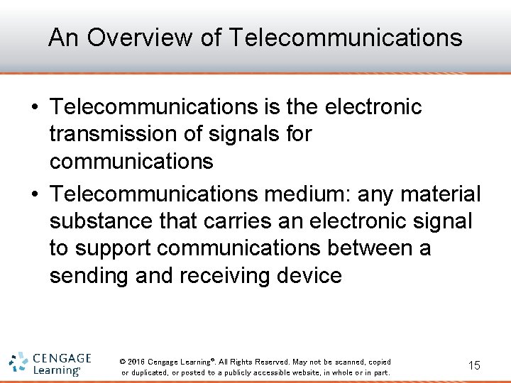 An Overview of Telecommunications • Telecommunications is the electronic transmission of signals for communications