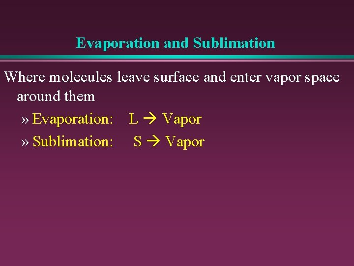 Evaporation and Sublimation Where molecules leave surface and enter vapor space around them »