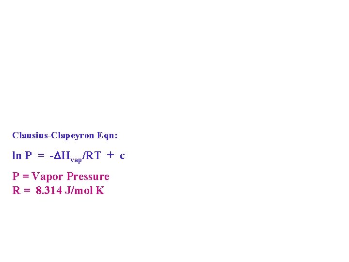 Clausius-Clapeyron Eqn: ln P = -DHvap/RT + c P = Vapor Pressure R =