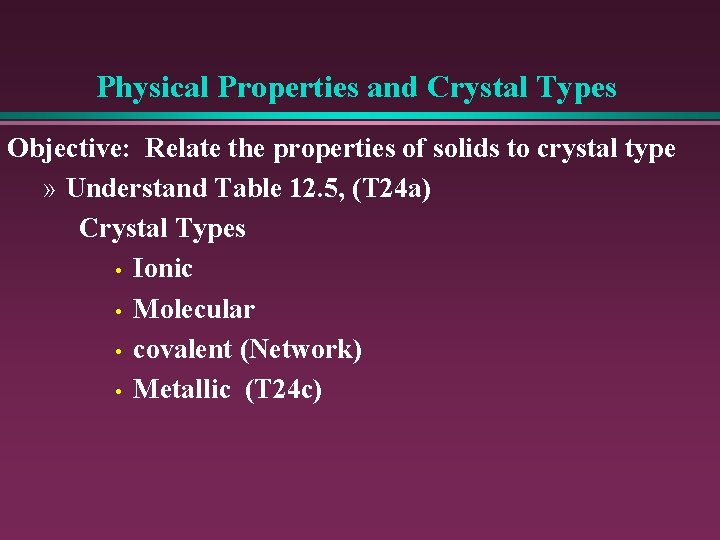 Physical Properties and Crystal Types Objective: Relate the properties of solids to crystal type