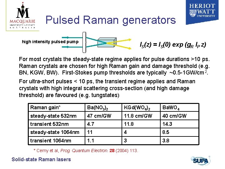 Pulsed Raman generators high intensity pulsed pump IS(z) = IS(0) exp (g. R IP Pulsed Raman generators high intensity pulsed pump IS(z) = IS(0) exp (g. R IP