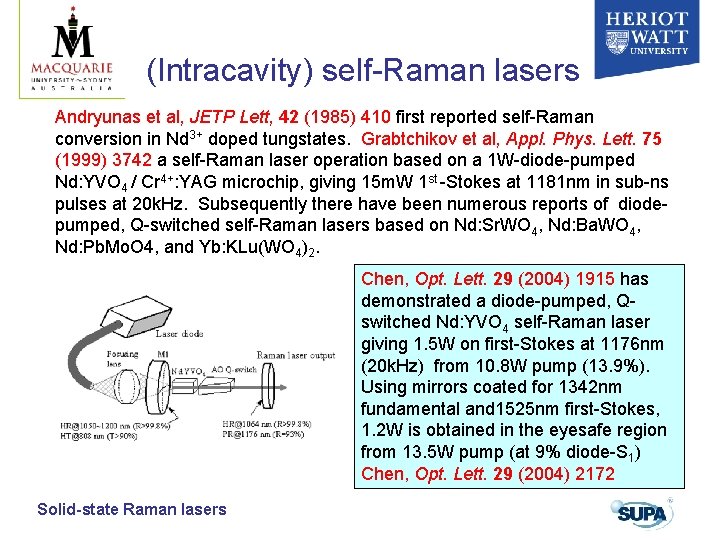 (Intracavity) self-Raman lasers Andryunas et al, JETP Lett, 42 (1985) 410 first reported self-Raman (Intracavity) self-Raman lasers Andryunas et al, JETP Lett, 42 (1985) 410 first reported self-Raman