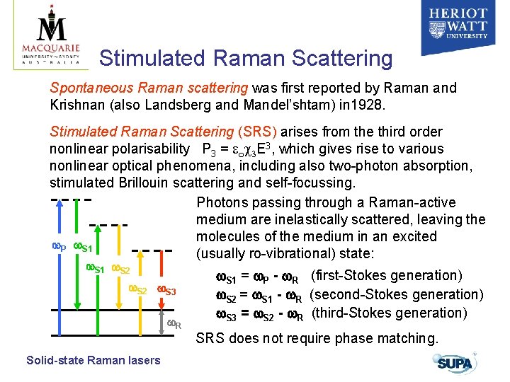 Stimulated Raman Scattering Spontaneous Raman scattering was first reported by Raman and Krishnan (also Stimulated Raman Scattering Spontaneous Raman scattering was first reported by Raman and Krishnan (also