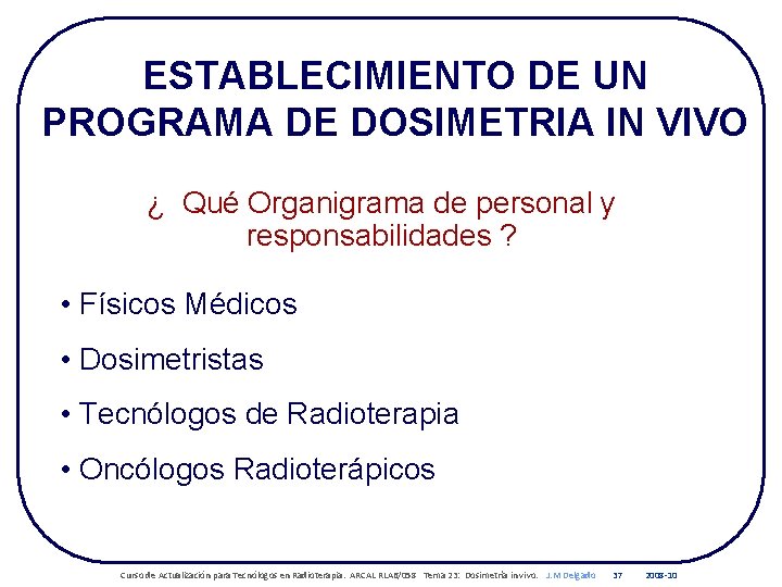 ESTABLECIMIENTO DE UN PROGRAMA DE DOSIMETRIA IN VIVO ¿ Qué Organigrama de personal y