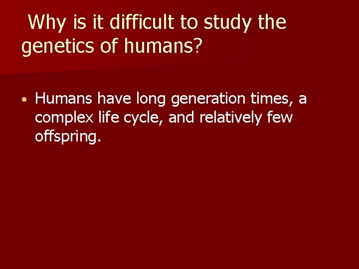 Why is it difficult to study the genetics of humans? • Humans have long