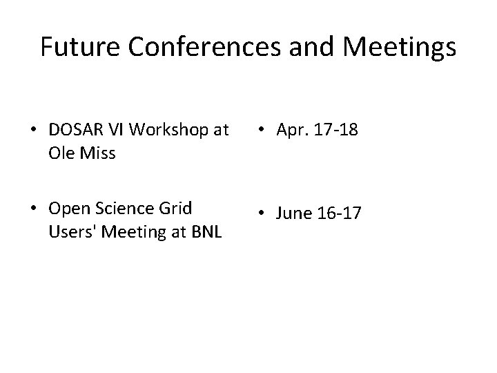 Future Conferences and Meetings • DOSAR VI Workshop at Ole Miss • Apr. 17