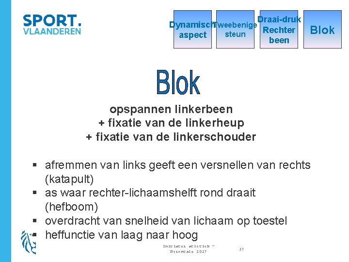 Draai-druk Dynamisch. Tweebenige Rechter steun aspect been Blok opspannen linkerbeen + fixatie van de