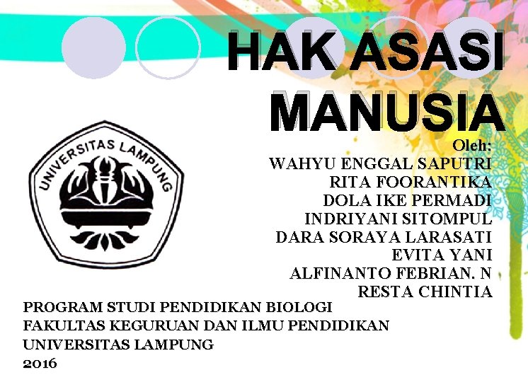 HAK ASASI MANUSIA Oleh: WAHYU ENGGAL SAPUTRI RITA FOORANTIKA DOLA IKE PERMADI INDRIYANI SITOMPUL HAK ASASI MANUSIA Oleh: WAHYU ENGGAL SAPUTRI RITA FOORANTIKA DOLA IKE PERMADI INDRIYANI SITOMPUL