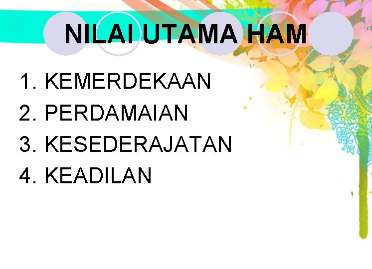 NILAI UTAMA HAM 1. 2. 3. 4. KEMERDEKAAN PERDAMAIAN KESEDERAJATAN KEADILAN NILAI UTAMA HAM 1. 2. 3. 4. KEMERDEKAAN PERDAMAIAN KESEDERAJATAN KEADILAN