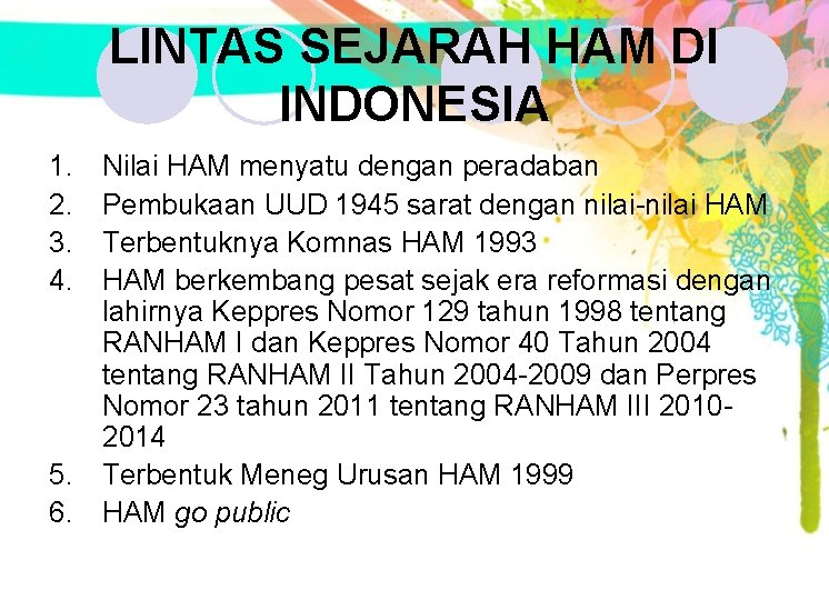 LINTAS SEJARAH HAM DI INDONESIA 1. 2. 3. 4. 5. 6. Nilai HAM menyatu LINTAS SEJARAH HAM DI INDONESIA 1. 2. 3. 4. 5. 6. Nilai HAM menyatu
