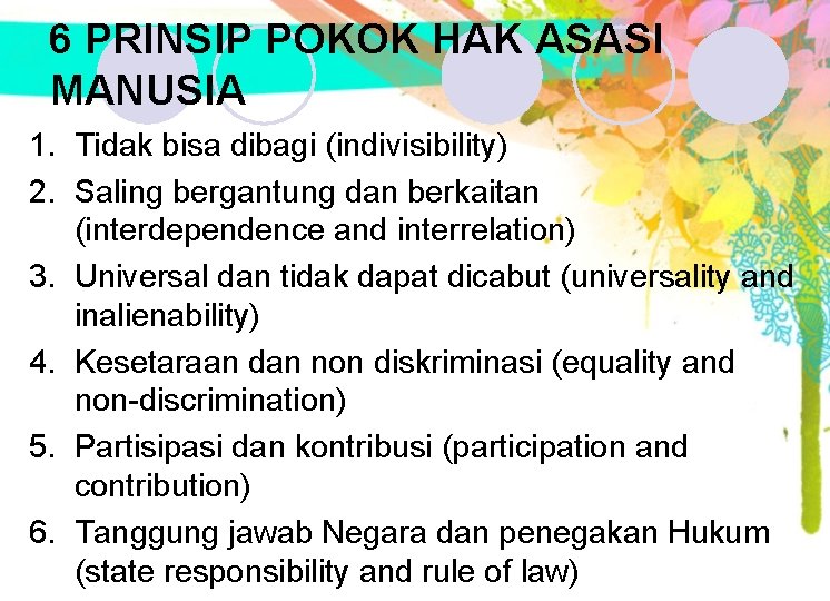 6 PRINSIP POKOK HAK ASASI MANUSIA 1. Tidak bisa dibagi (indivisibility) 2. Saling bergantung 6 PRINSIP POKOK HAK ASASI MANUSIA 1. Tidak bisa dibagi (indivisibility) 2. Saling bergantung