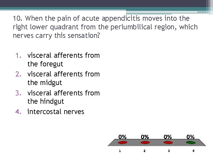 10. When the pain of acute appendicitis moves into the right lower quadrant from 10. When the pain of acute appendicitis moves into the right lower quadrant from