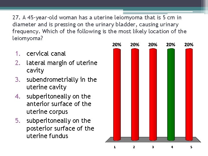 27. A 45 -year-old woman has a uterine leiomyoma that is 5 cm in 27. A 45 -year-old woman has a uterine leiomyoma that is 5 cm in