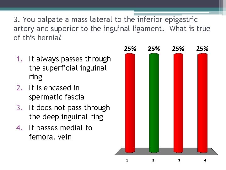 3. You palpate a mass lateral to the inferior epigastric artery and superior to 3. You palpate a mass lateral to the inferior epigastric artery and superior to