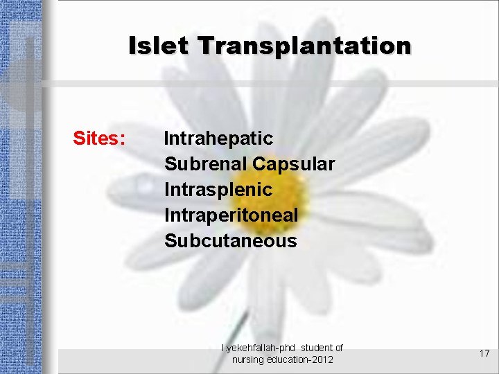 Islet Transplantation Sites: Intrahepatic Subrenal Capsular Intrasplenic Intraperitoneal Subcutaneous l. yekehfallah-phd student of nursing