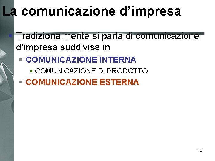 La comunicazione d’impresa § Tradizionalmente si parla di comunicazione d’impresa suddivisa in § COMUNICAZIONE