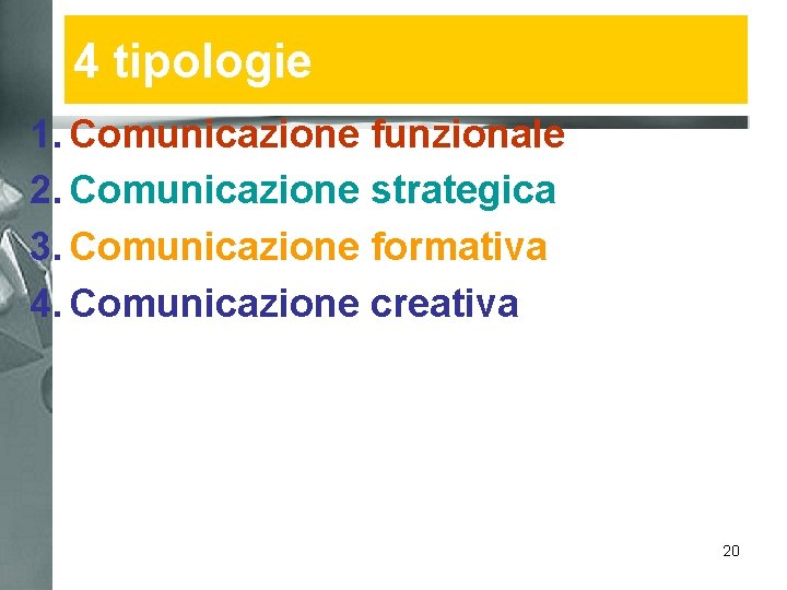 4 tipologie 1. Comunicazione funzionale 2. Comunicazione strategica 3. Comunicazione formativa 4. Comunicazione creativa