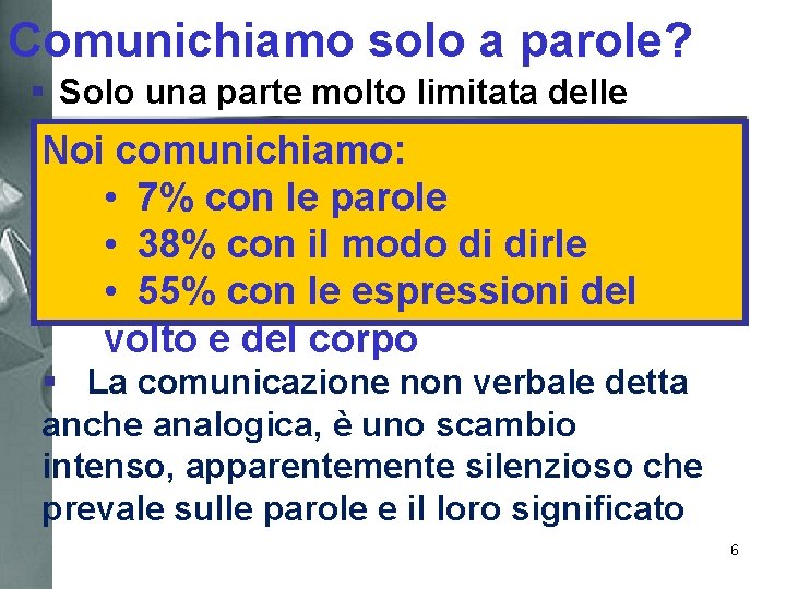 Comunichiamo solo a parole? § Solo una parte molto limitata delle impressioni che riceviamo