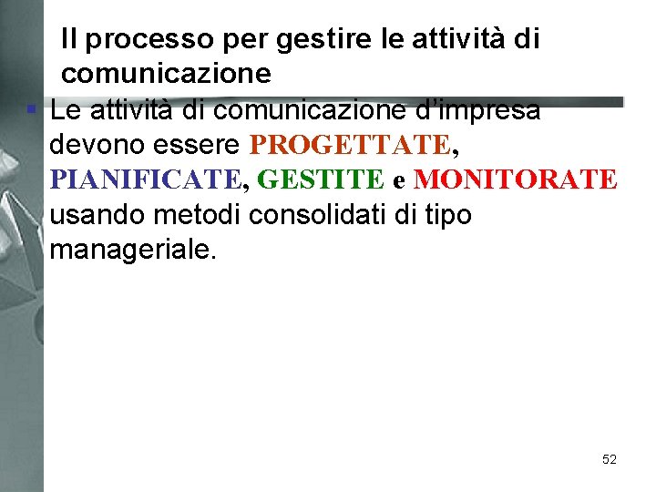 Il processo per gestire le attività di comunicazione § Le attività di comunicazione d’impresa