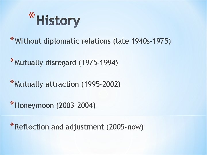 * *Without diplomatic relations (late 1940 s-1975) *Mutually disregard (1975 -1994) *Mutually attraction (1995