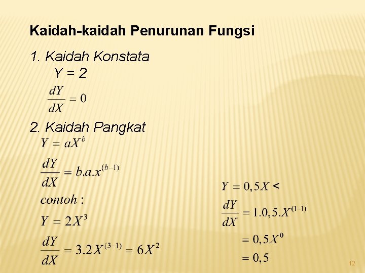 Kaidah-kaidah Penurunan Fungsi 1. Kaidah Konstata Y=2 2. Kaidah Pangkat 12 