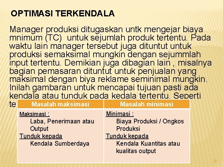 OPTIMASI TERKENDALA Manager produksi ditugaskan untk mengejar biaya mnimum (TC) untuk sejumlah produk tertentu.