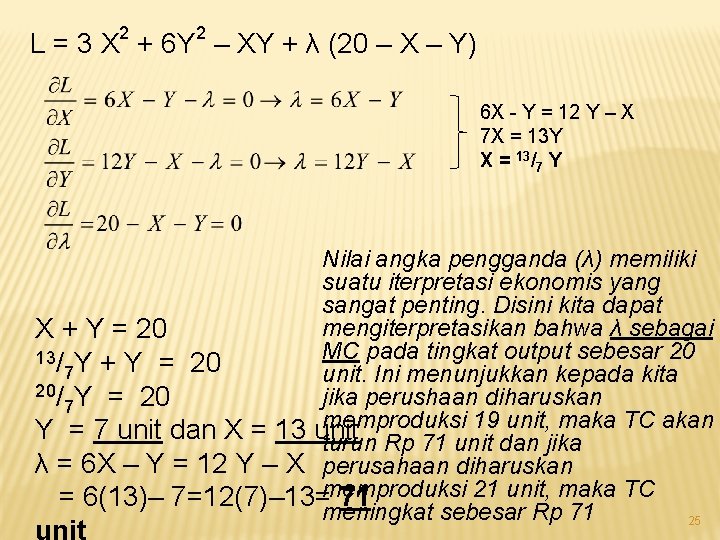 2 2 L = 3 X + 6 Y – XY + λ (20