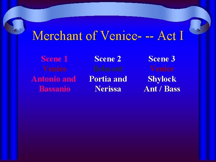 Merchant of Venice- -- Act I Scene 1 Venice Antonio and Bassanio Scene 2