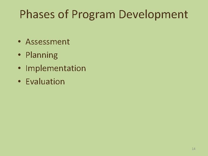 Phases of Program Development • • Assessment Planning Implementation Evaluation 14 