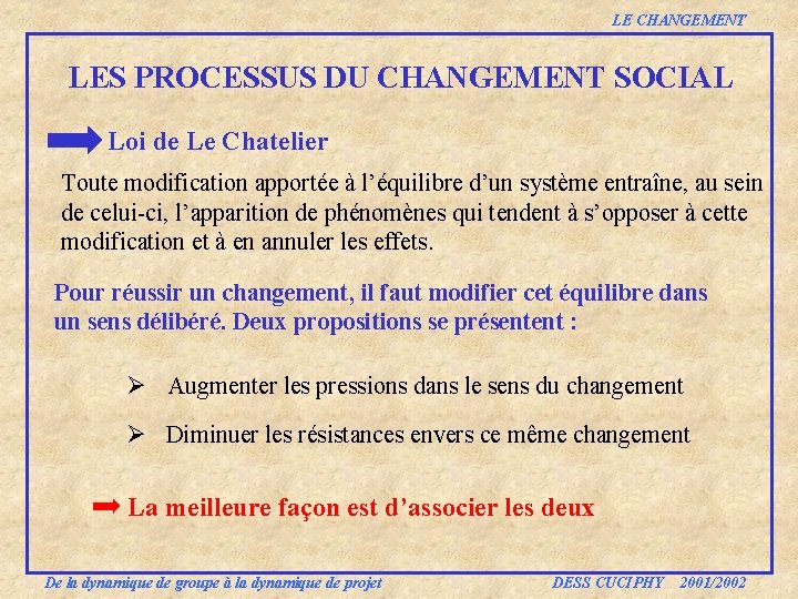 LE CHANGEMENT LES PROCESSUS DU CHANGEMENT SOCIAL Loi de Le Chatelier Toute modification apportée LE CHANGEMENT LES PROCESSUS DU CHANGEMENT SOCIAL Loi de Le Chatelier Toute modification apportée