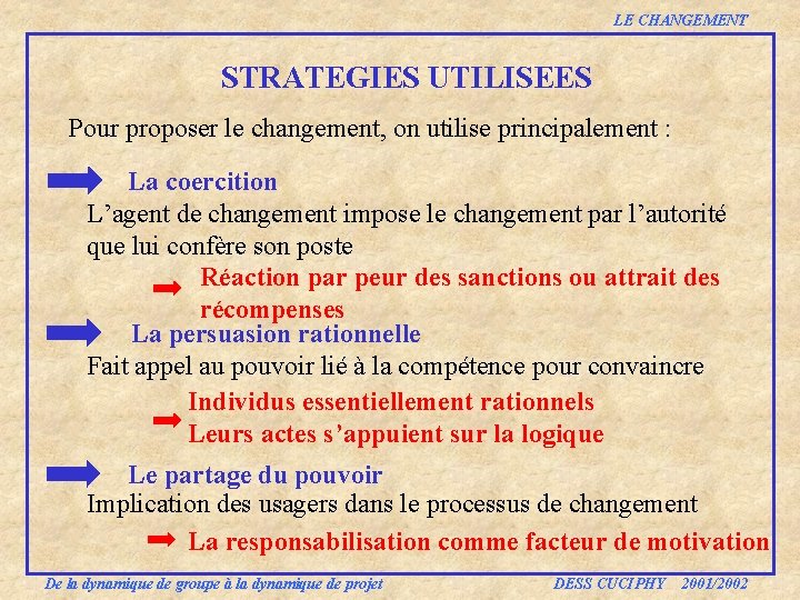 LE CHANGEMENT STRATEGIES UTILISEES Pour proposer le changement, on utilise principalement : La coercition LE CHANGEMENT STRATEGIES UTILISEES Pour proposer le changement, on utilise principalement : La coercition