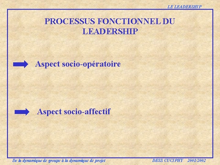 LE LEADERSHIP PROCESSUS FONCTIONNEL DU LEADERSHIP Aspect socio-opératoire Aspect socio-affectif De la dynamique de LE LEADERSHIP PROCESSUS FONCTIONNEL DU LEADERSHIP Aspect socio-opératoire Aspect socio-affectif De la dynamique de