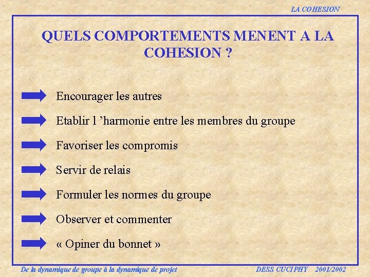 LA COHESION QUELS COMPORTEMENTS MENENT A LA COHESION ? Encourager les autres Etablir l LA COHESION QUELS COMPORTEMENTS MENENT A LA COHESION ? Encourager les autres Etablir l