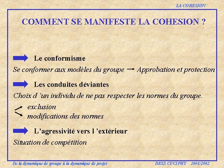 LA COHESION COMMENT SE MANIFESTE LA COHESION ? Le conformisme Se conformer aux modèles LA COHESION COMMENT SE MANIFESTE LA COHESION ? Le conformisme Se conformer aux modèles