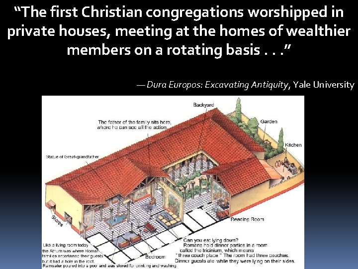 “The first Christian congregations worshipped in private houses, meeting at the homes of wealthier