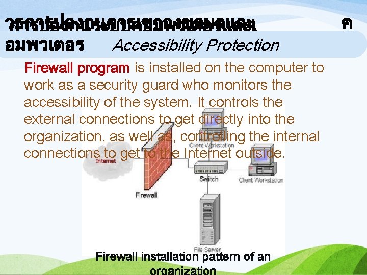 วธการปองกนการเขาถงขอมลและ การปองกนระบบคอมพวเตอรและเ อมพวเตอร Accessibility Protection ครอขาย Firewall program is installed on the computer to