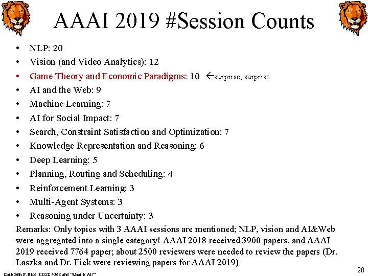 AAAI 2019 #Session Counts • • • • NLP: 20 Vision (and Video Analytics):