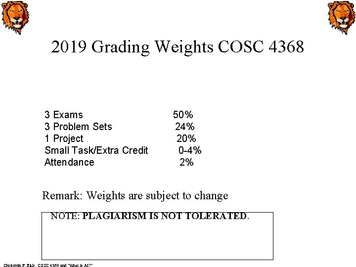 2019 Grading Weights COSC 4368 3 Exams 3 Problem Sets 1 Project Small Task/Extra