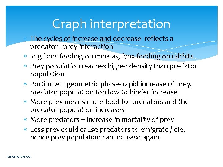 Graph interpretation The cycles of increase and decrease reflects a predator –prey interaction e.