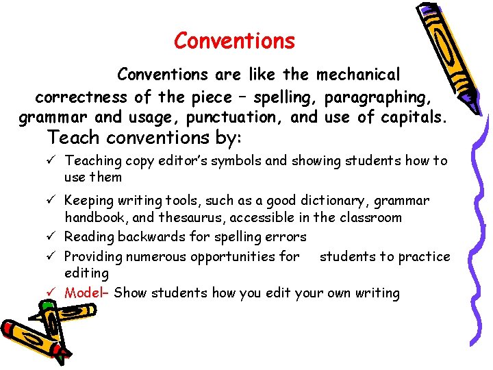 Conventions are like the mechanical correctness of the piece – spelling, paragraphing, grammar and