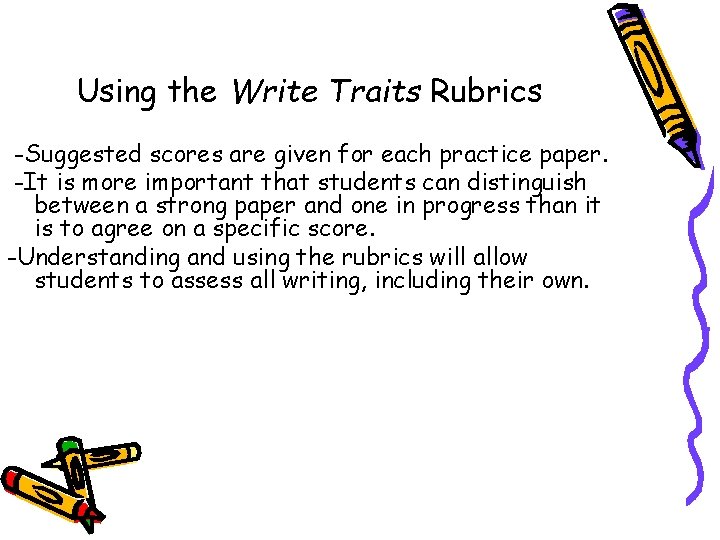 Using the Write Traits Rubrics -Suggested scores are given for each practice paper. -It