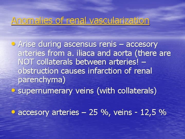 Anomalies of renal vascularization • Arise during ascensus renis – accesory arteries from a.